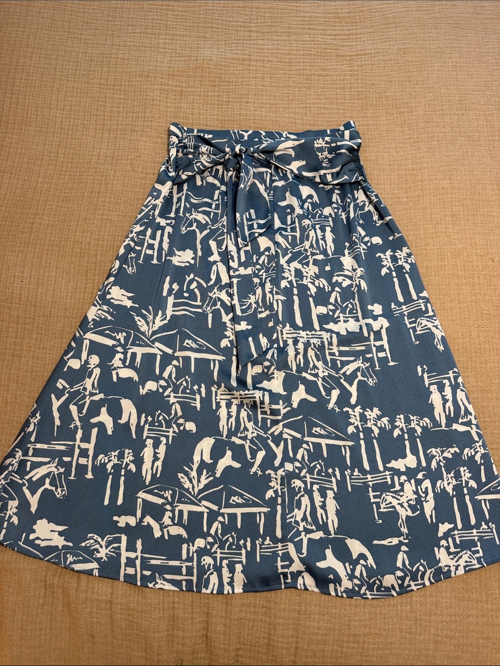 Ariat Navy and White Scenic Print Midi Skirt with Waist Tie